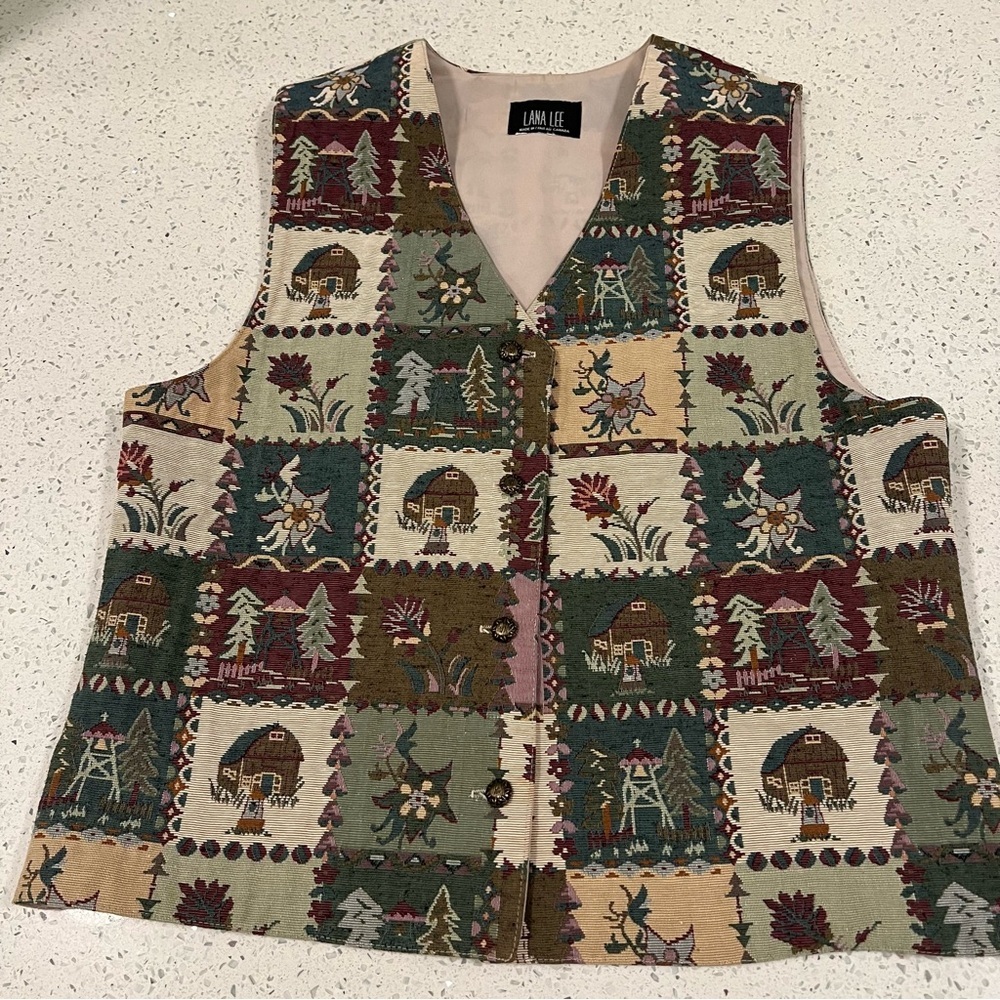 LANA LEE Tapestry Patchwork Lined Vest with Christmas Patterns Brass Buttons - Picture 6 of 13